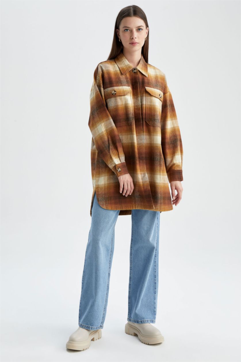 FEMME Marron Tunique à manches longues en flanelle à carreaux coupe décontractée