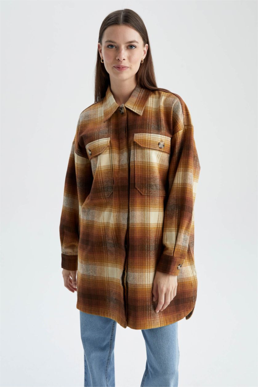 FEMME Marron Tunique à manches longues en flanelle à carreaux coupe décontractée