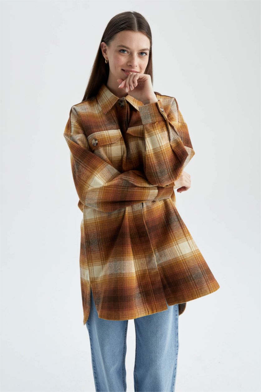 FEMME Marron Tunique à manches longues en flanelle à carreaux coupe décontractée