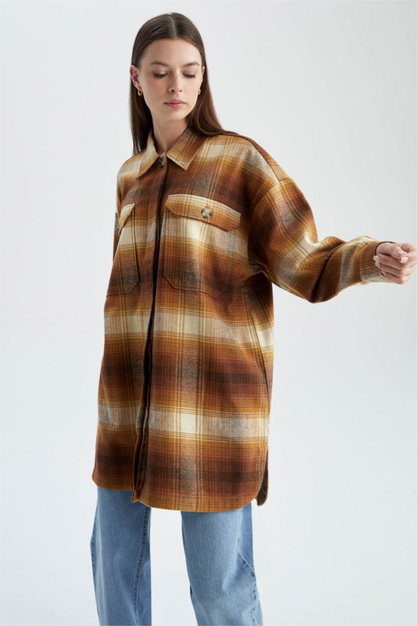 FEMME Marron Tunique à manches longues en flanelle à carreaux coupe décontractée
