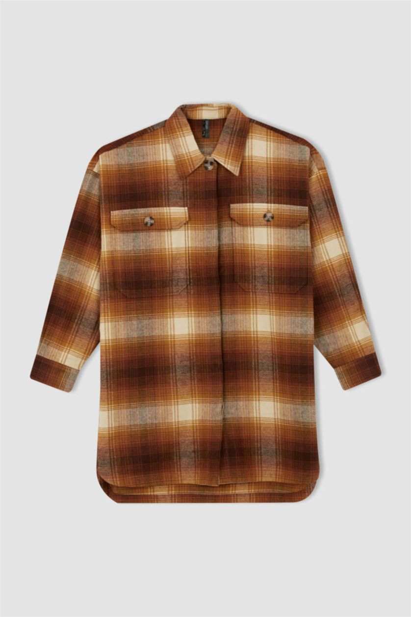 FEMME Marron Tunique à manches longues en flanelle à carreaux coupe décontractée
