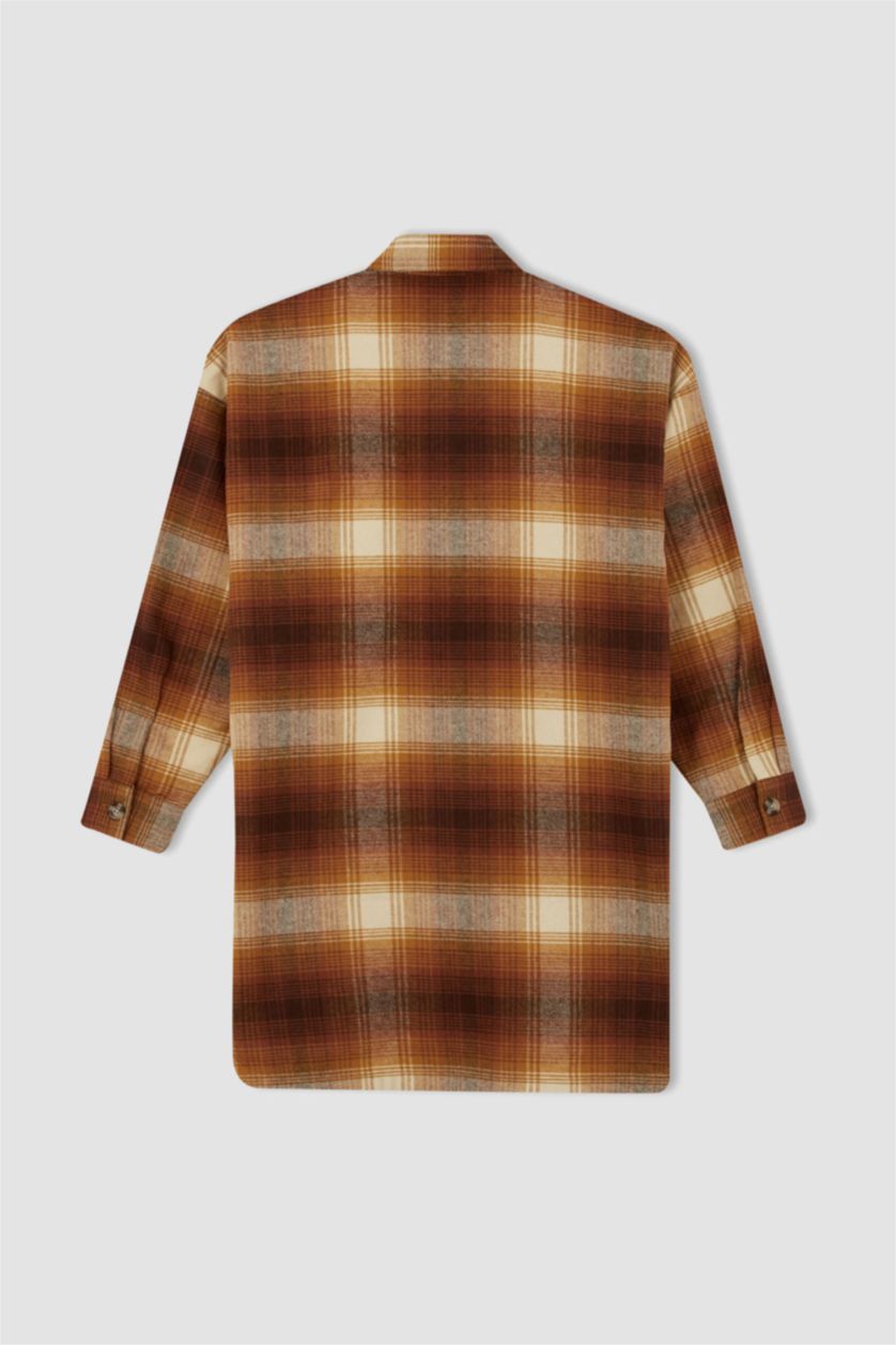 FEMME Marron Tunique à manches longues en flanelle à carreaux coupe décontractée