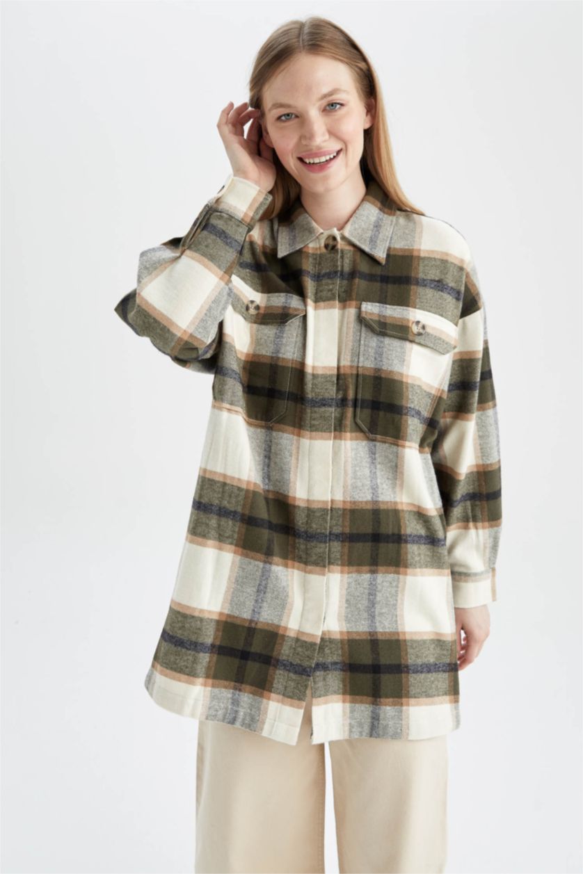 FEMME Vert Foncé Tunique à manches longues en flanelle à carreaux coupe décontractée