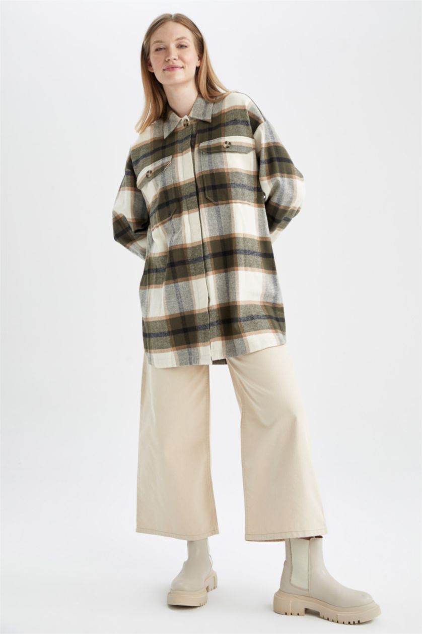 FEMME Vert Foncé Tunique à manches longues en flanelle à carreaux coupe décontractée