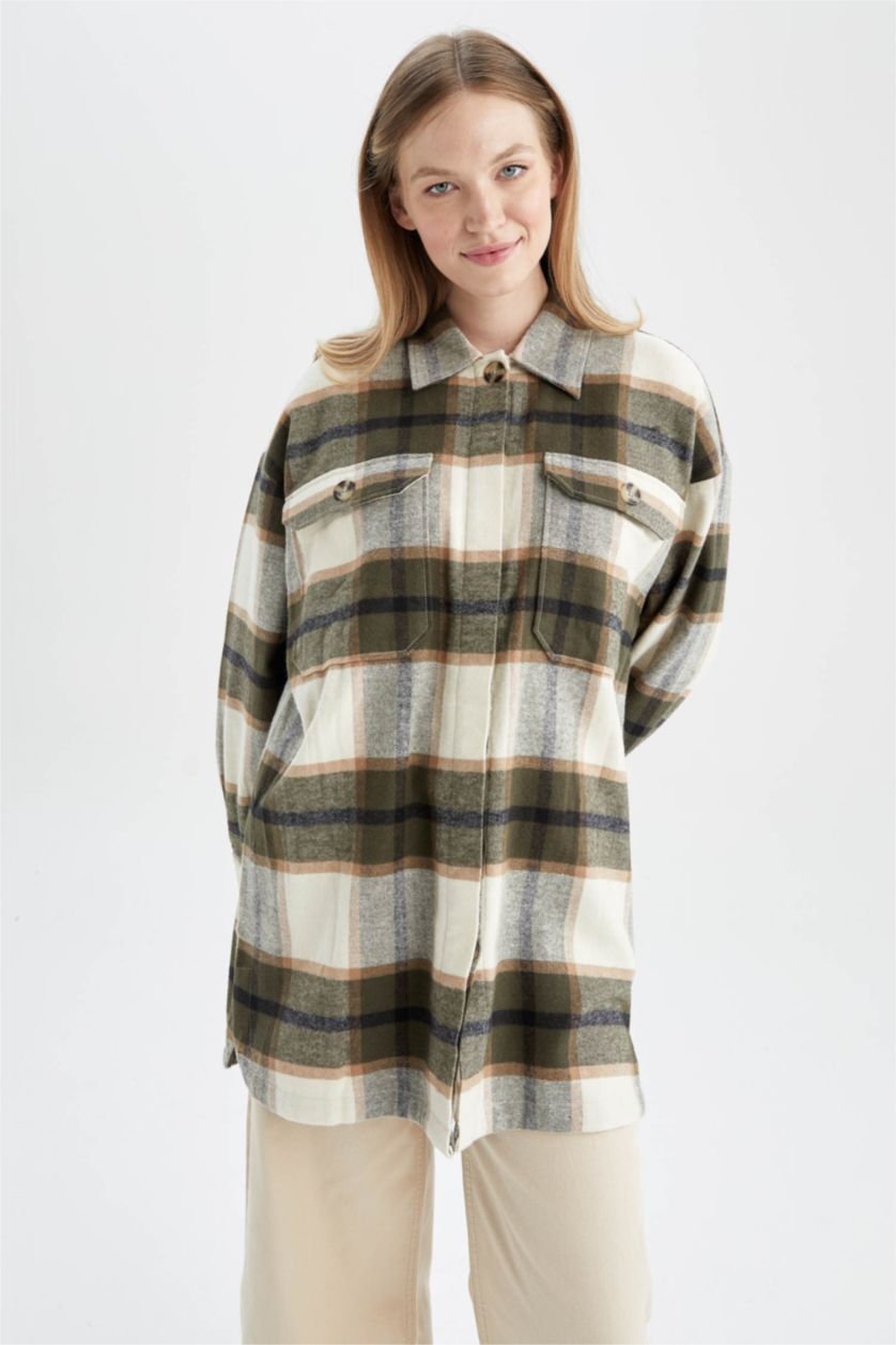 FEMME Vert Foncé Tunique à manches longues en flanelle à carreaux coupe décontractée