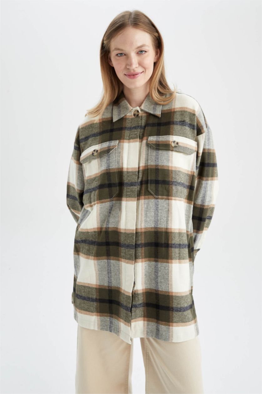 FEMME Vert Foncé Tunique à manches longues en flanelle à carreaux coupe décontractée