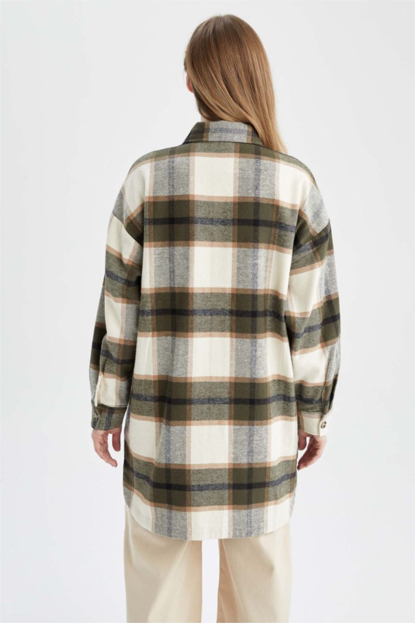 FEMME Vert Foncé Tunique à manches longues en flanelle à carreaux coupe décontractée