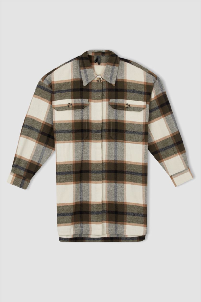 FEMME Vert Foncé Tunique à manches longues en flanelle à carreaux coupe décontractée