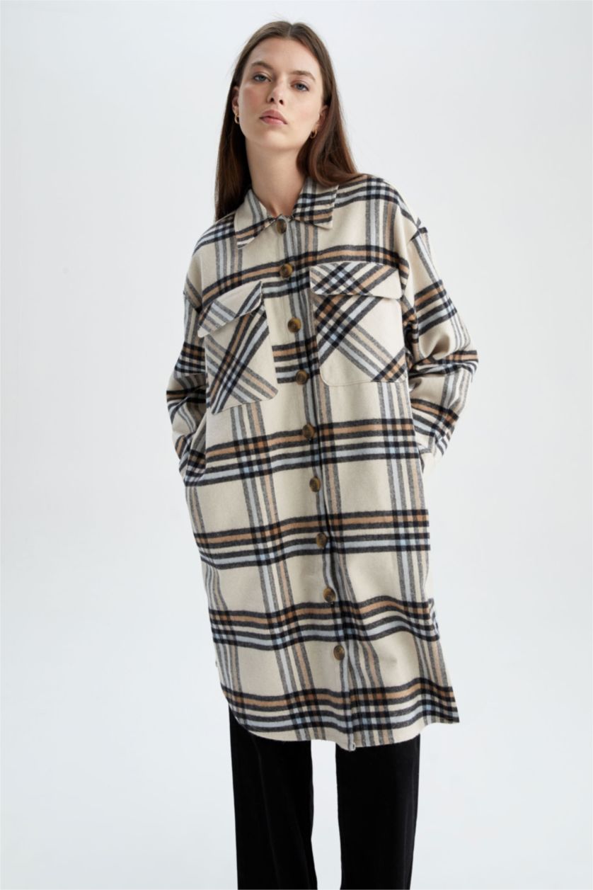 Kadın Taş Relax Fıt Kareli Flanel Uzun Kollu Tunik