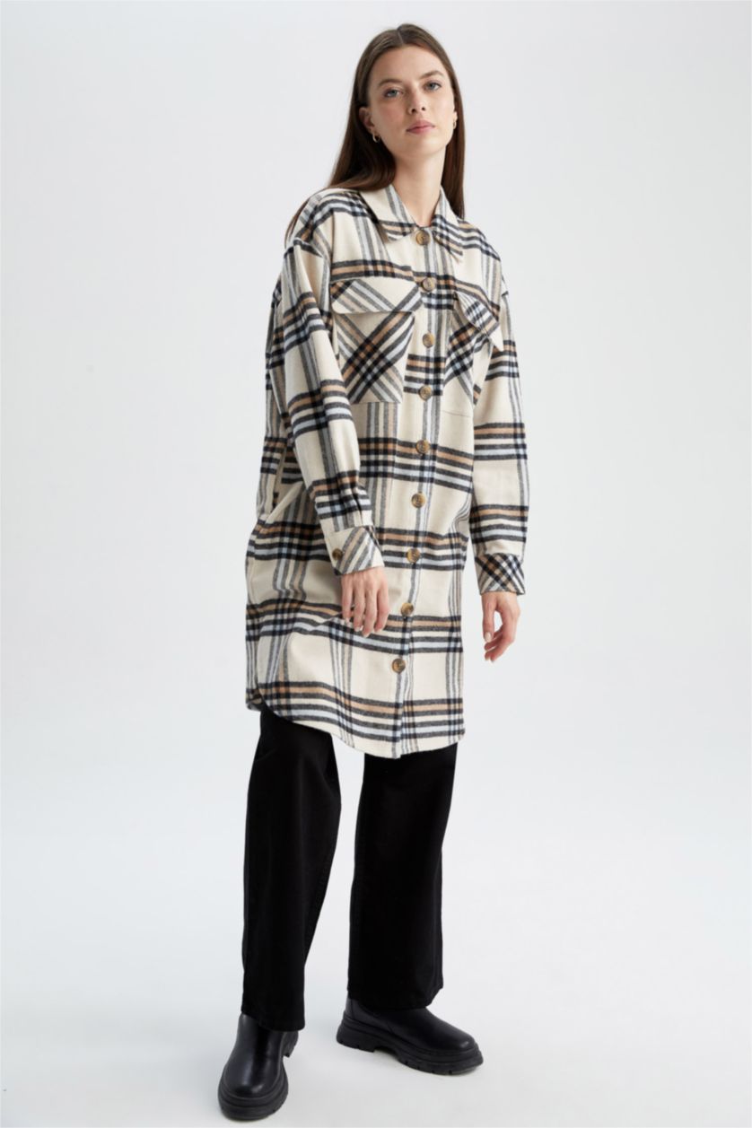 Kadın Taş Relax Fıt Kareli Flanel Uzun Kollu Tunik