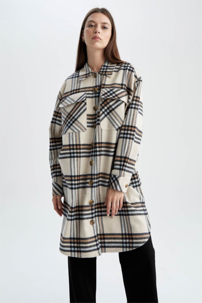 Kadın Taş Relax Fıt Kareli Flanel Uzun Kollu Tunik