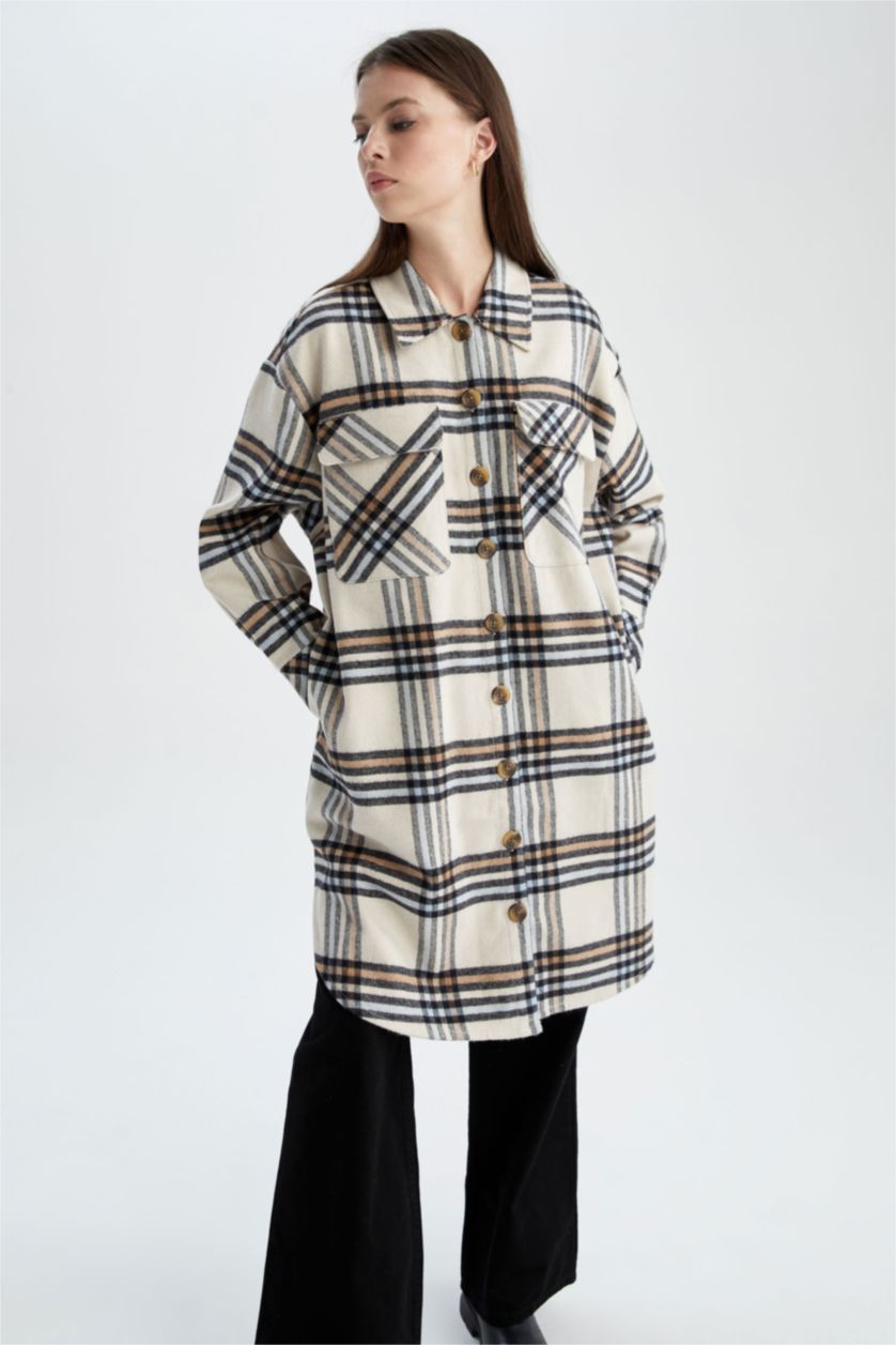 Kadın Taş Relax Fıt Kareli Flanel Uzun Kollu Tunik