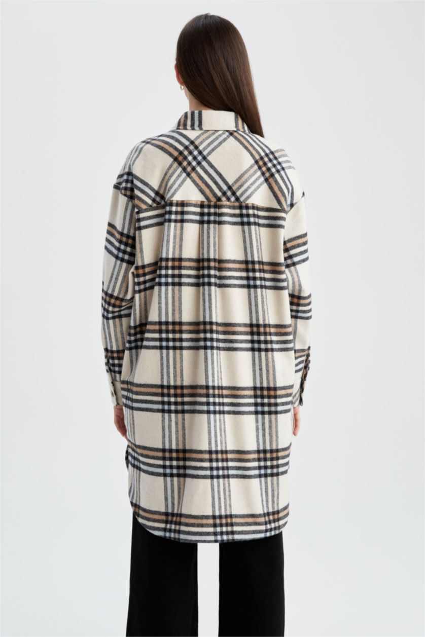 Kadın Taş Relax Fıt Kareli Flanel Uzun Kollu Tunik