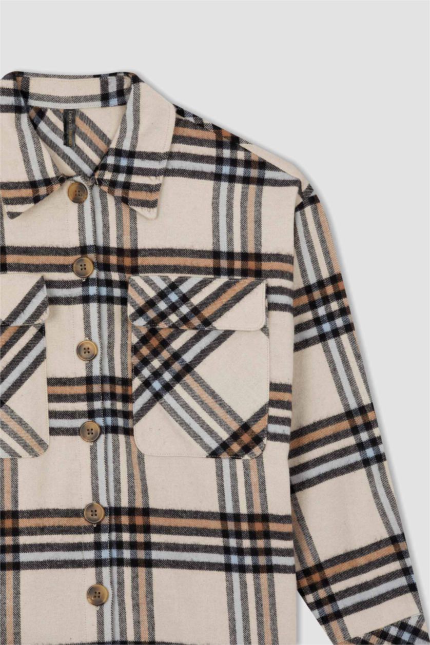 Kadın Taş Relax Fıt Kareli Flanel Uzun Kollu Tunik