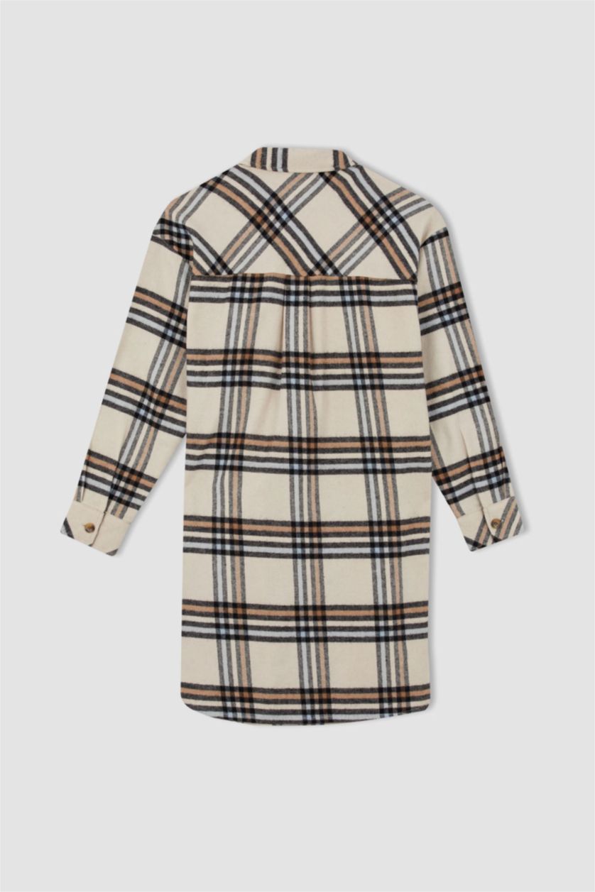 Kadın Taş Relax Fıt Kareli Flanel Uzun Kollu Tunik