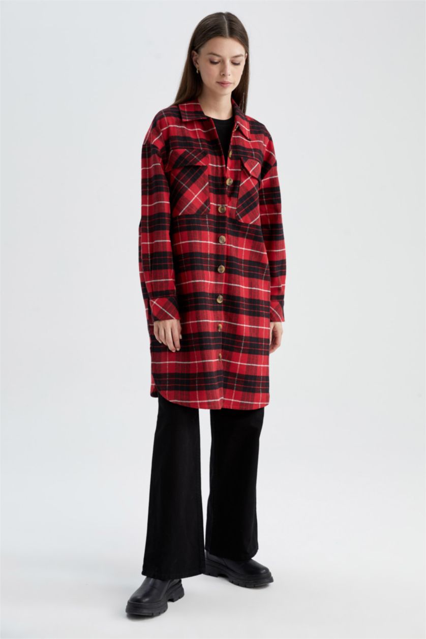 FEMME Rouge Tunique à manches longues en flanelle à carreaux coupe décontractée