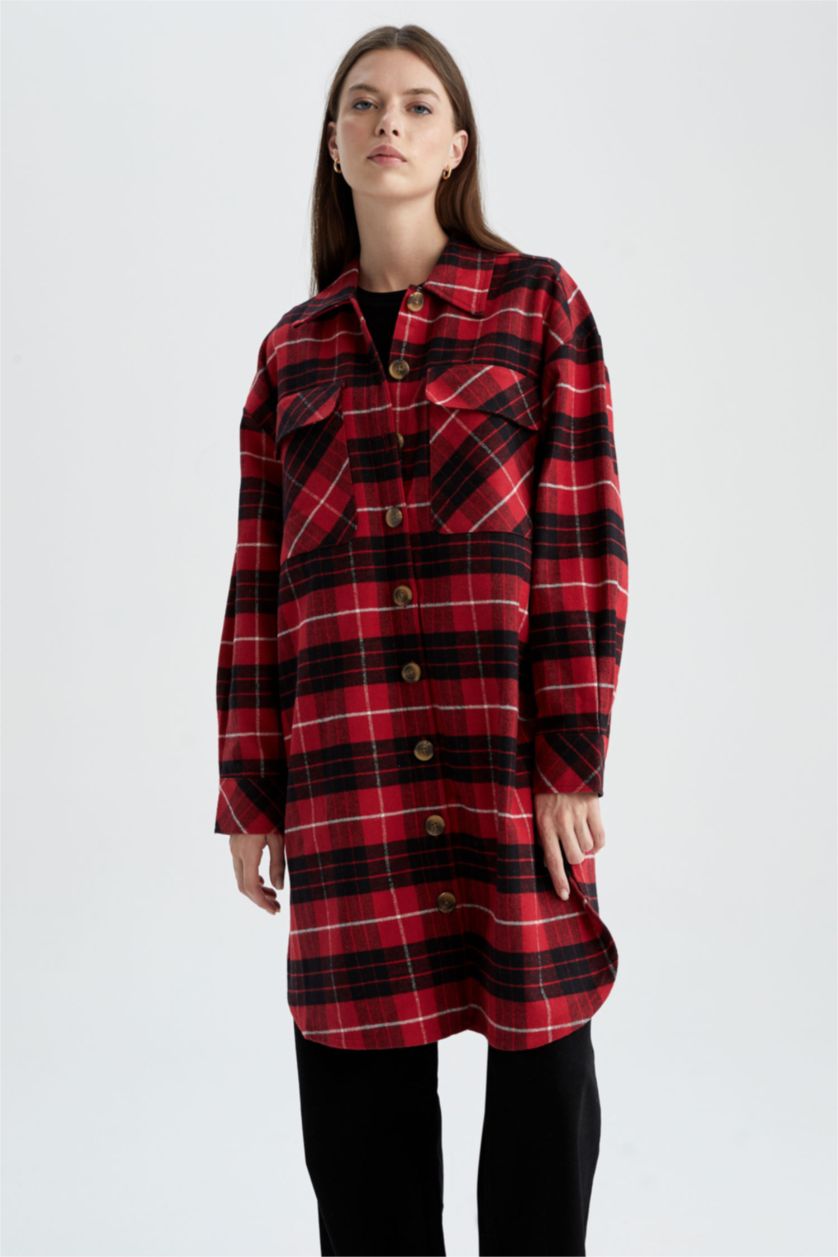 FEMME Rouge Tunique à manches longues en flanelle à carreaux coupe décontractée