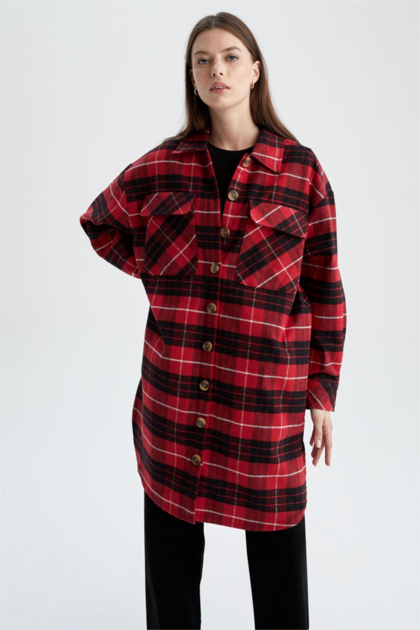 FEMME Rouge Tunique à manches longues en flanelle à carreaux coupe décontractée