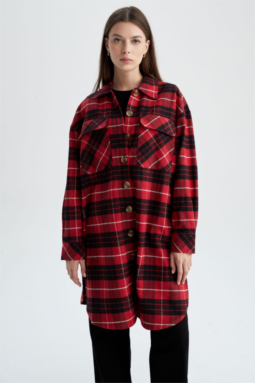 FEMME Rouge Tunique à manches longues en flanelle à carreaux coupe décontractée
