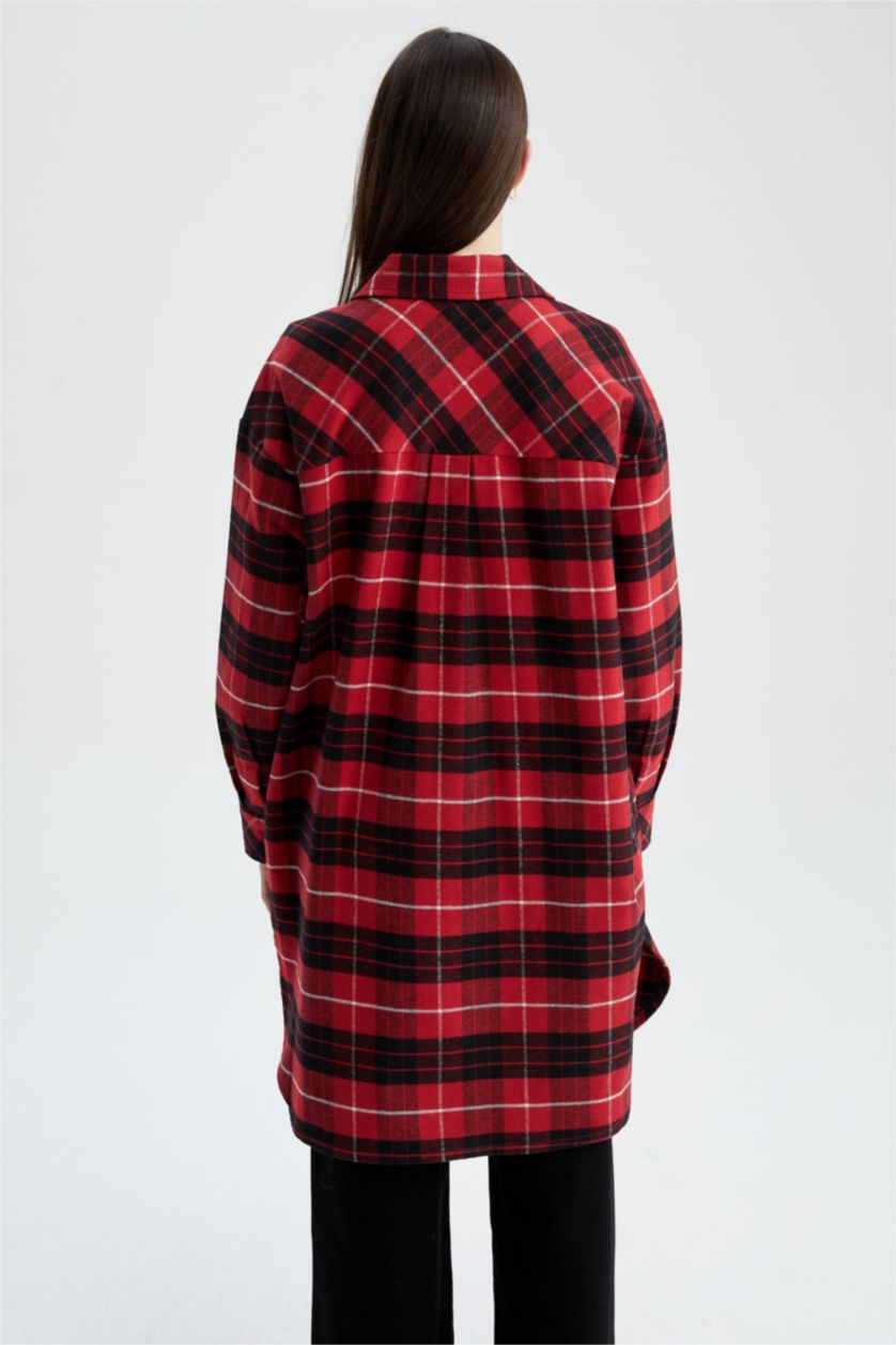 FEMME Rouge Tunique à manches longues en flanelle à carreaux coupe décontractée
