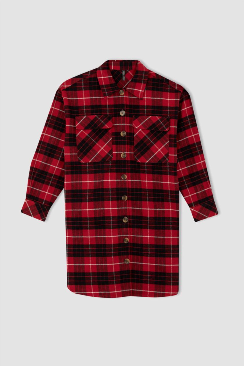 FEMME Rouge Tunique à manches longues en flanelle à carreaux coupe décontractée