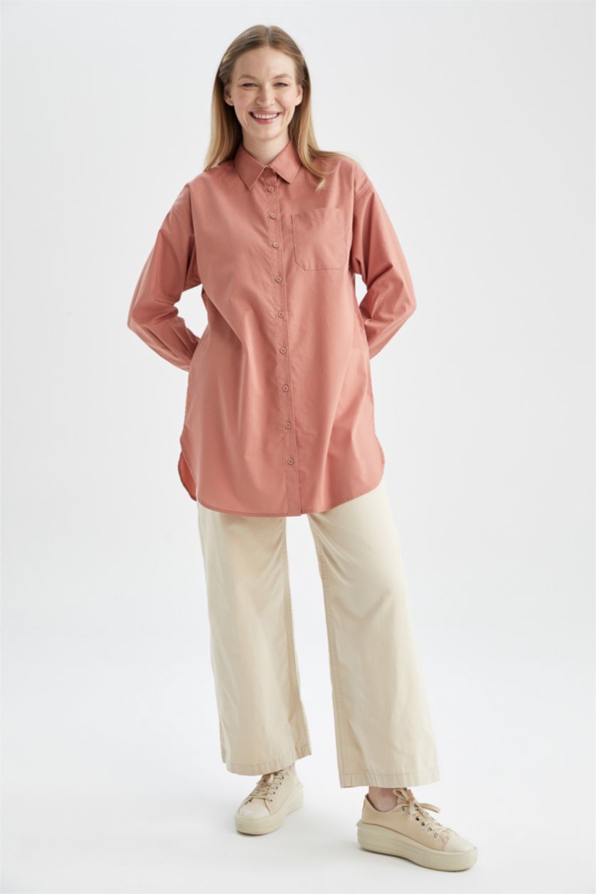 Женщины Светло-бордовый Relax Fit Poplin Long Sleeve Tunic