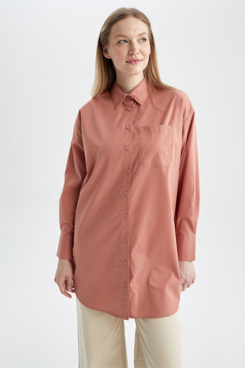Женщины Светло-бордовый Relax Fit Poplin Long Sleeve Tunic