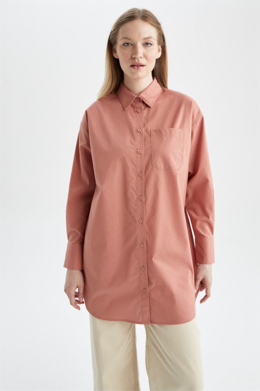 Женщины Светло-бордовый Relax Fit Poplin Long Sleeve Tunic
