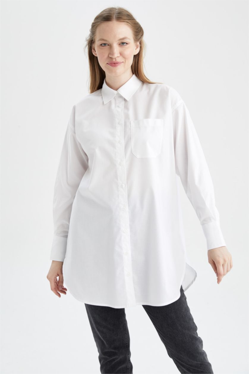 FEMME Écru Tunique À Manches Longues En Popeline Coupe Décontractée