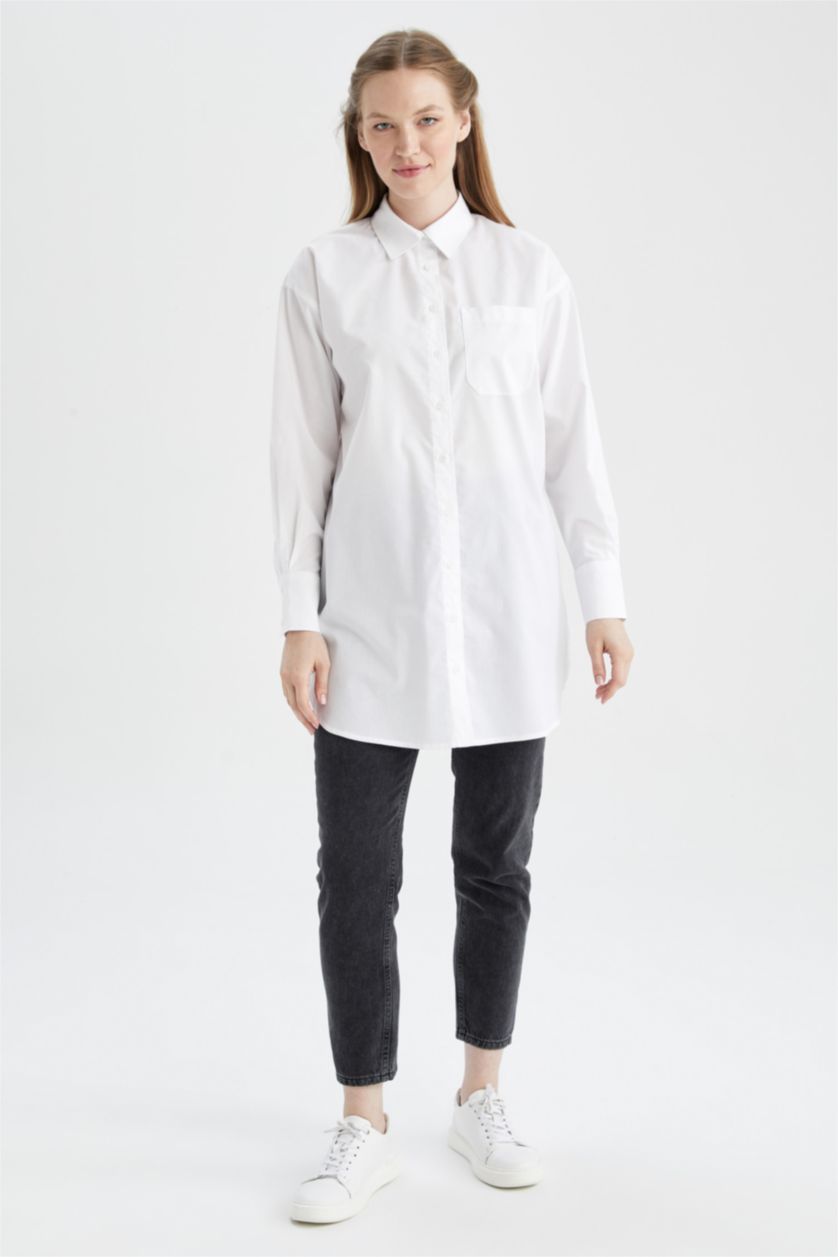 FEMME Écru Tunique À Manches Longues En Popeline Coupe Décontractée