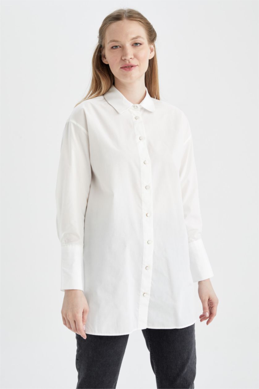 FEMME Écru Tunique À Manches Longues En Popeline Coupe Décontractée