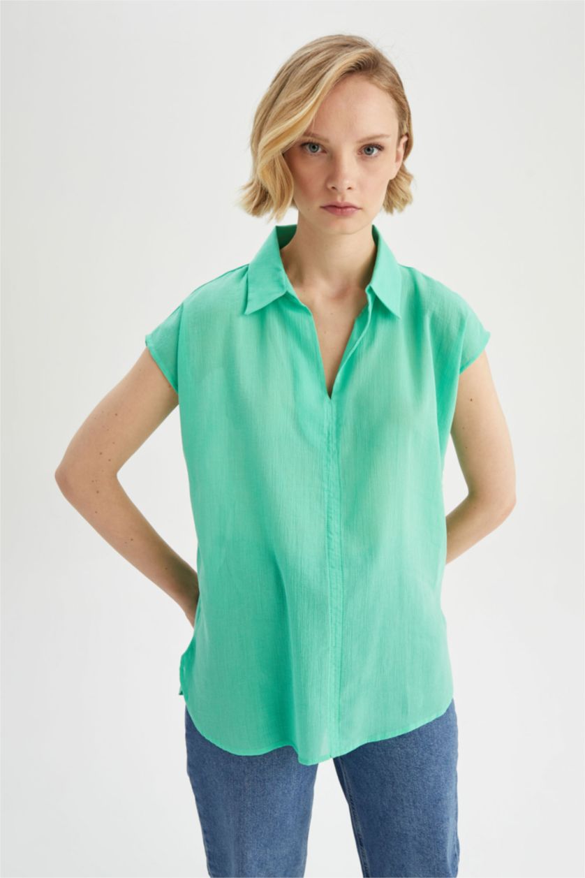 FEMME Bleu Blouse à manches courtes Coton Coupe Régulière Col De Chemise