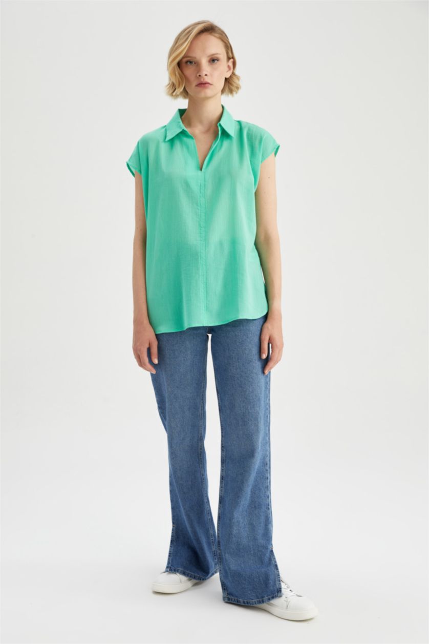 FEMME Bleu Blouse à manches courtes Coton Coupe Régulière Col De Chemise