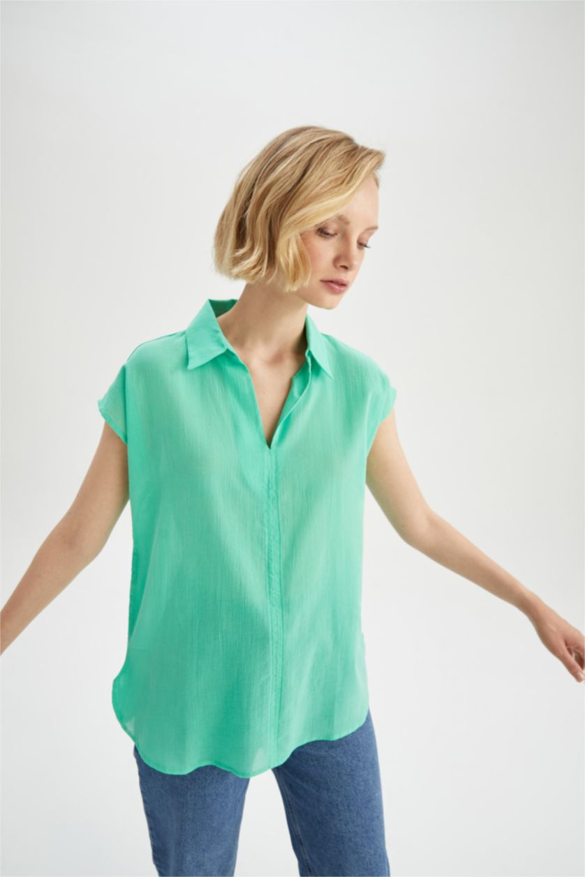 FEMME Bleu Blouse à manches courtes Coton Coupe Régulière Col De Chemise