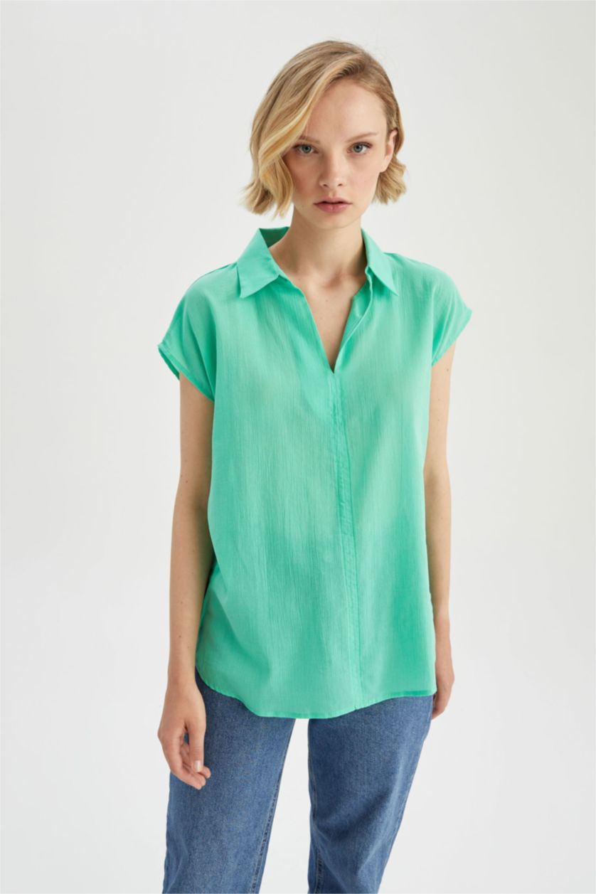 FEMME Bleu Blouse à manches courtes Coton Coupe Régulière Col De Chemise
