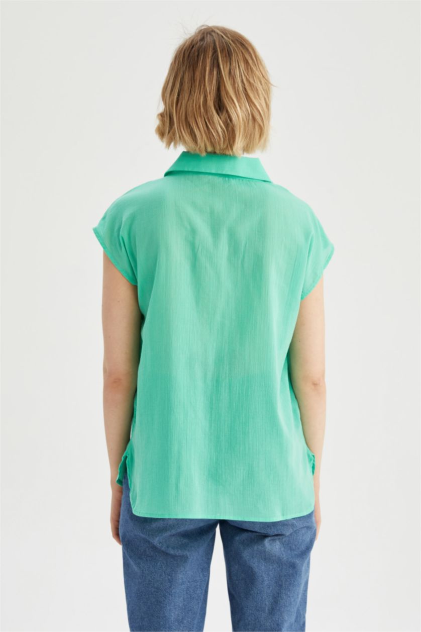FEMME Bleu Blouse à manches courtes Coton Coupe Régulière Col De Chemise