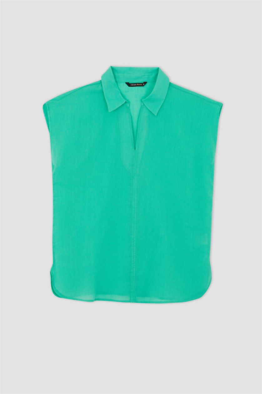 FEMME Bleu Blouse à manches courtes Coton Coupe Régulière Col De Chemise