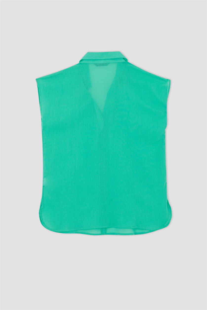 FEMME Bleu Blouse à manches courtes Coton Coupe Régulière Col De Chemise