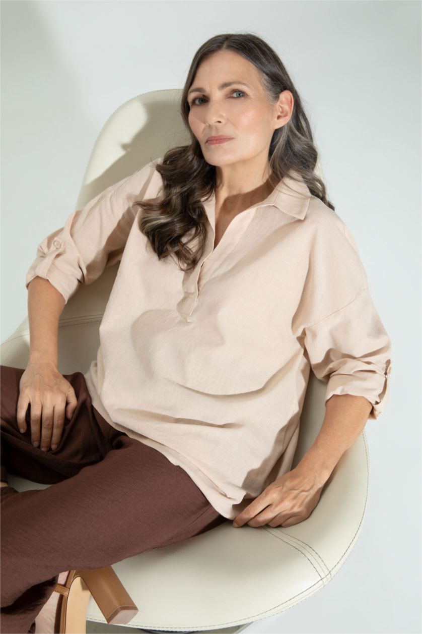 نساء بيج بلوزة قطن بأكمام طويلة بقصة فضفاضة وياقة V