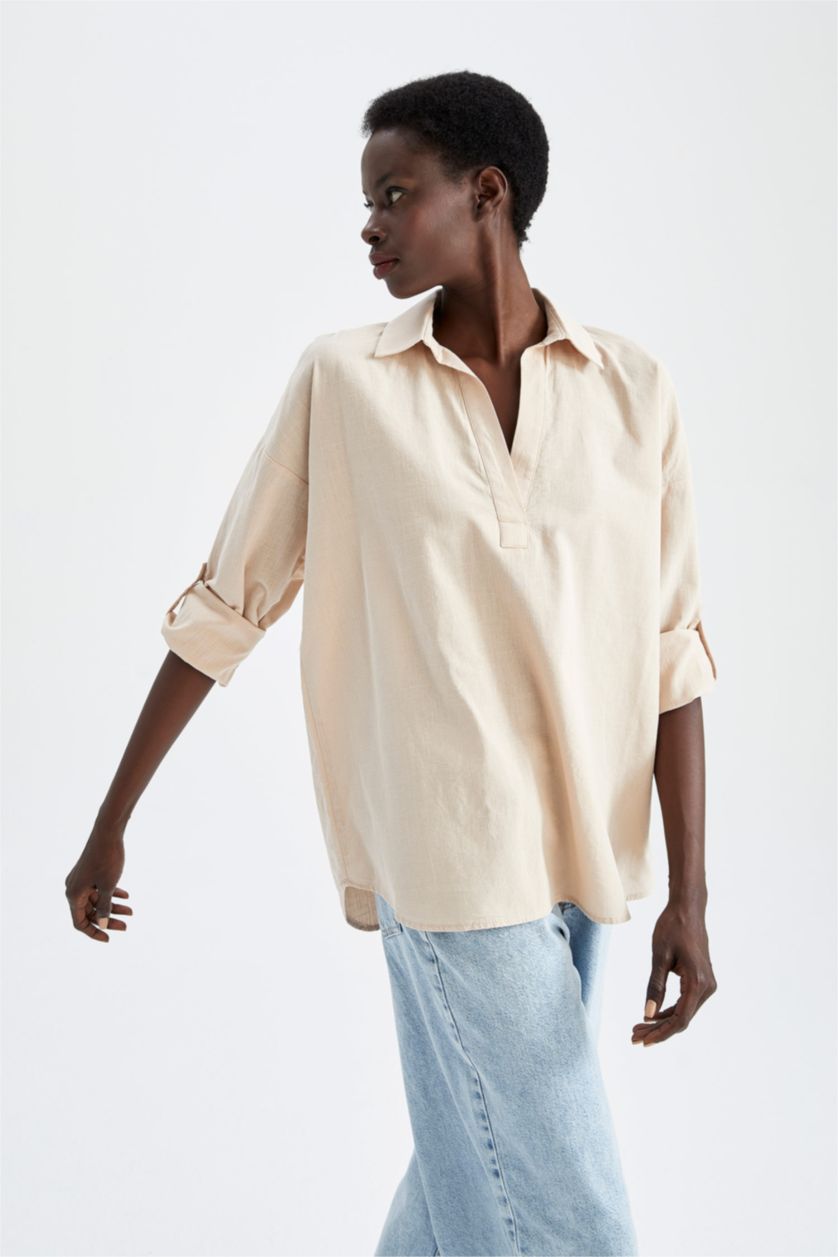 نساء بيج بلوزة قطن بأكمام طويلة بقصة فضفاضة وياقة V