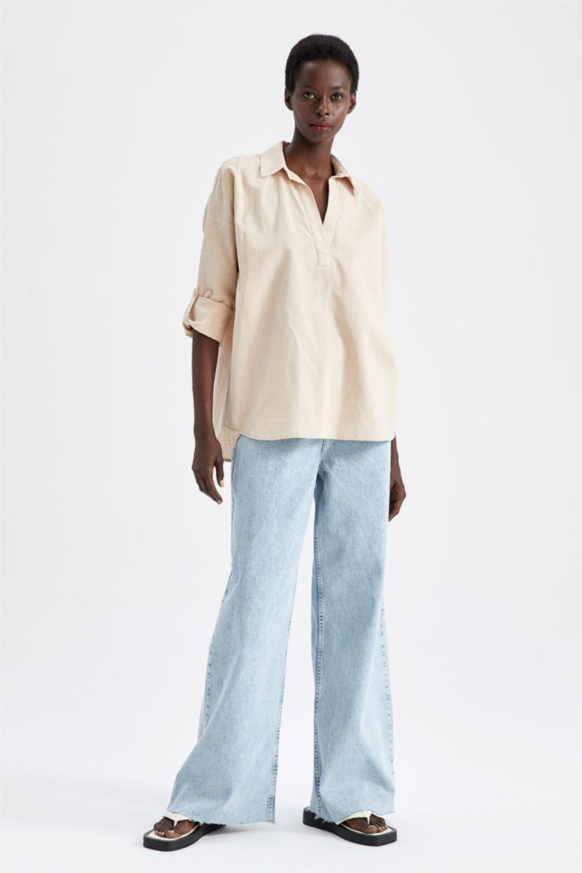 نساء بيج بلوزة قطن بأكمام طويلة بقصة فضفاضة وياقة V