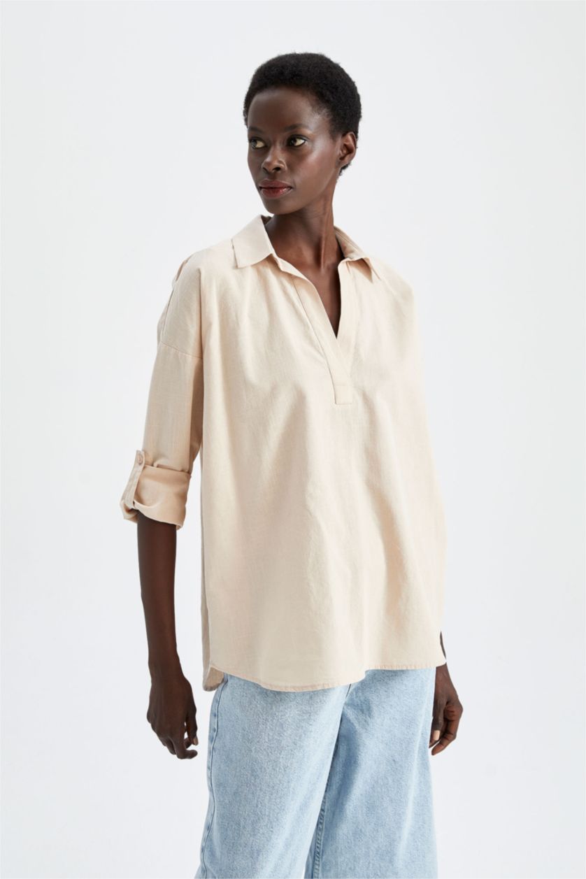 نساء بيج بلوزة قطن بأكمام طويلة بقصة فضفاضة وياقة V