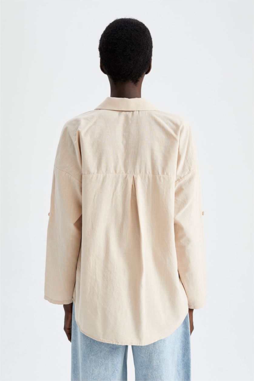 نساء بيج بلوزة قطن بأكمام طويلة بقصة فضفاضة وياقة V