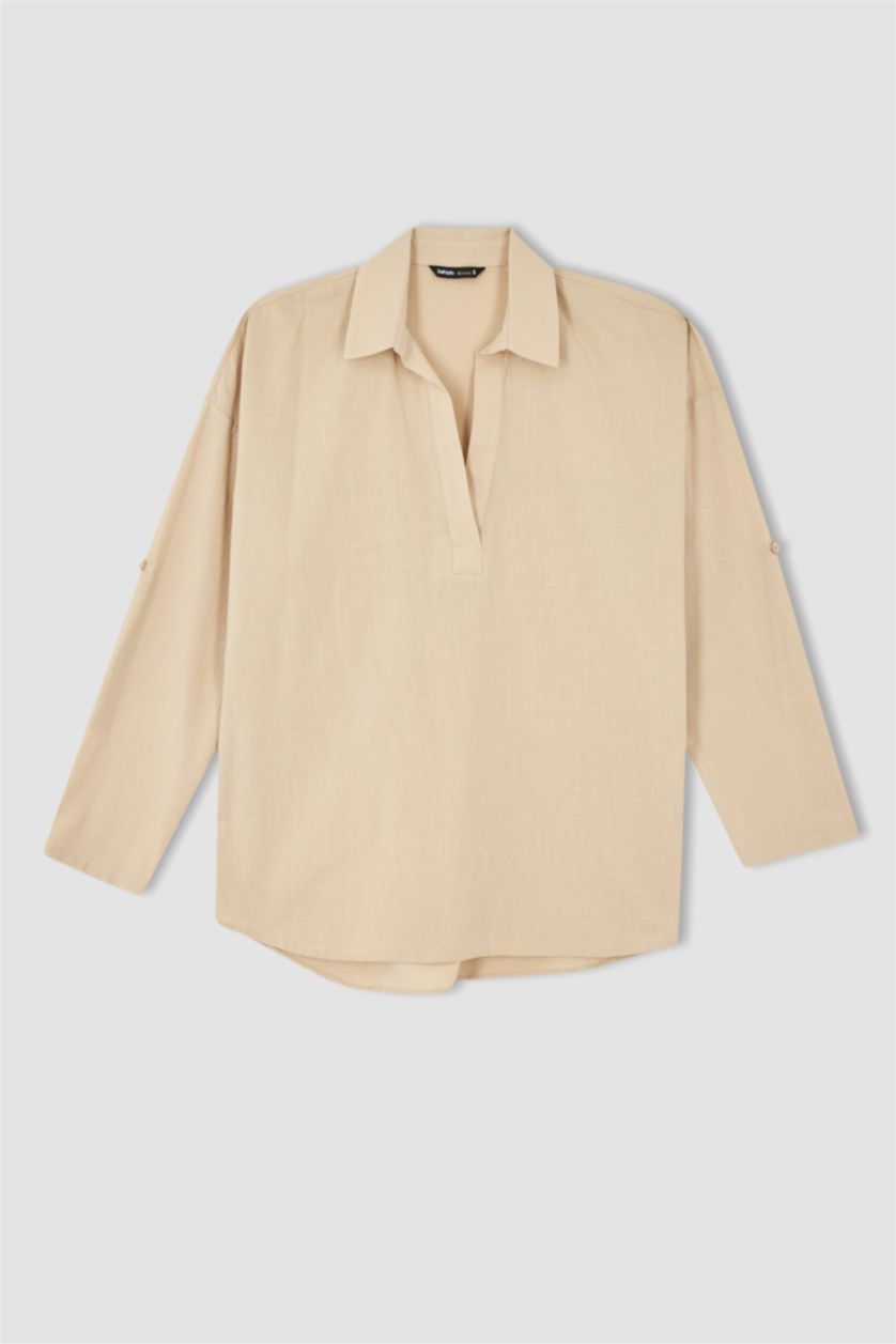 نساء بيج بلوزة قطن بأكمام طويلة بقصة فضفاضة وياقة V