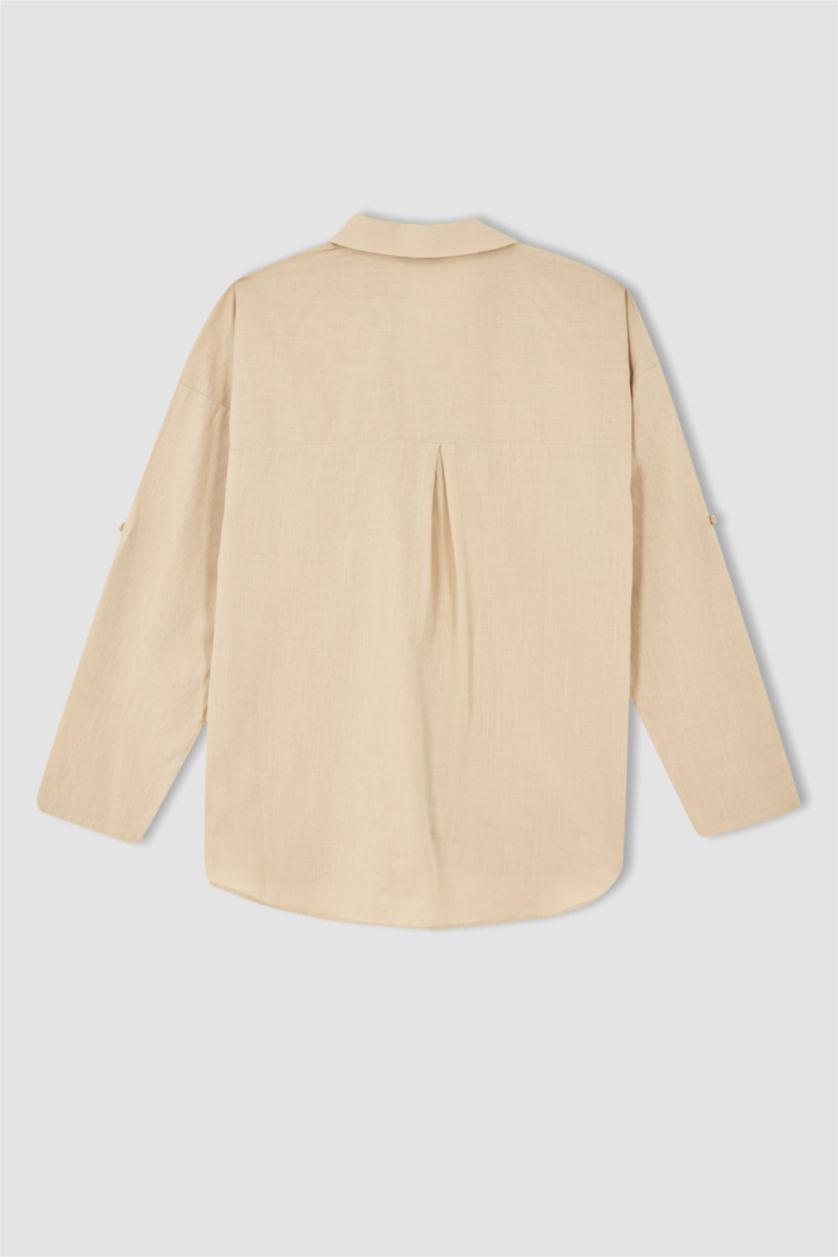 نساء بيج بلوزة قطن بأكمام طويلة بقصة فضفاضة وياقة V