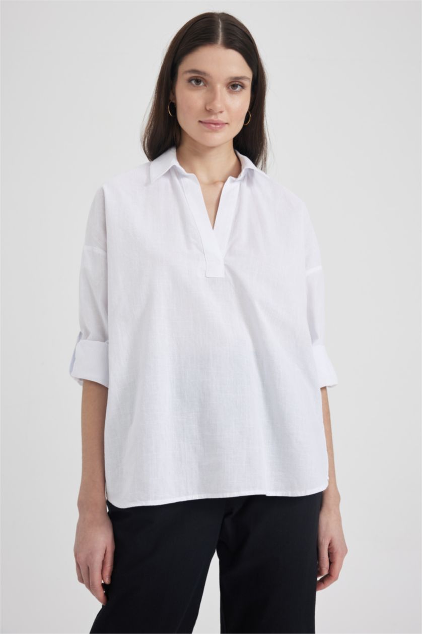 FEMME Blanc Chemisiers à manches longues Coupe large Col En V