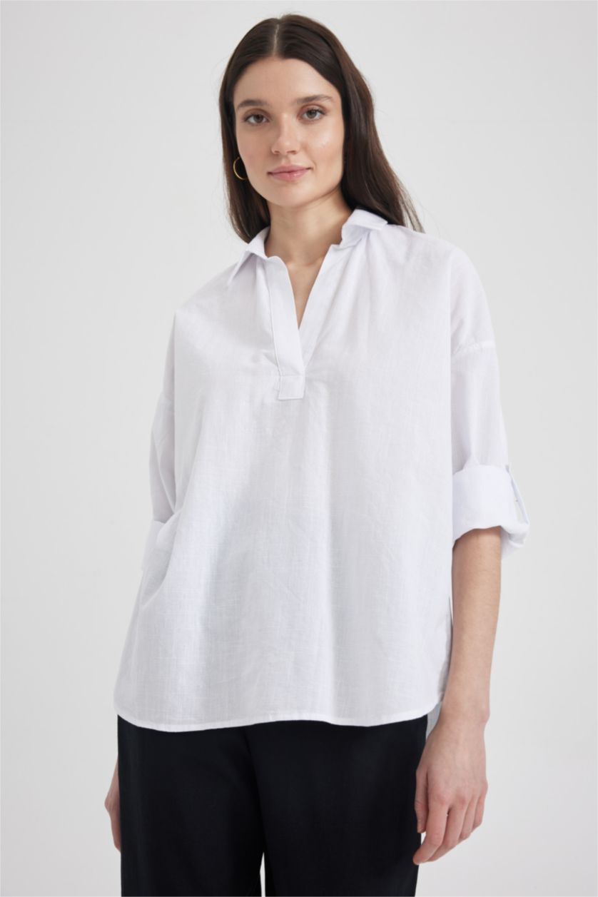 FEMME Blanc Chemisiers à manches longues Coupe large Col En V