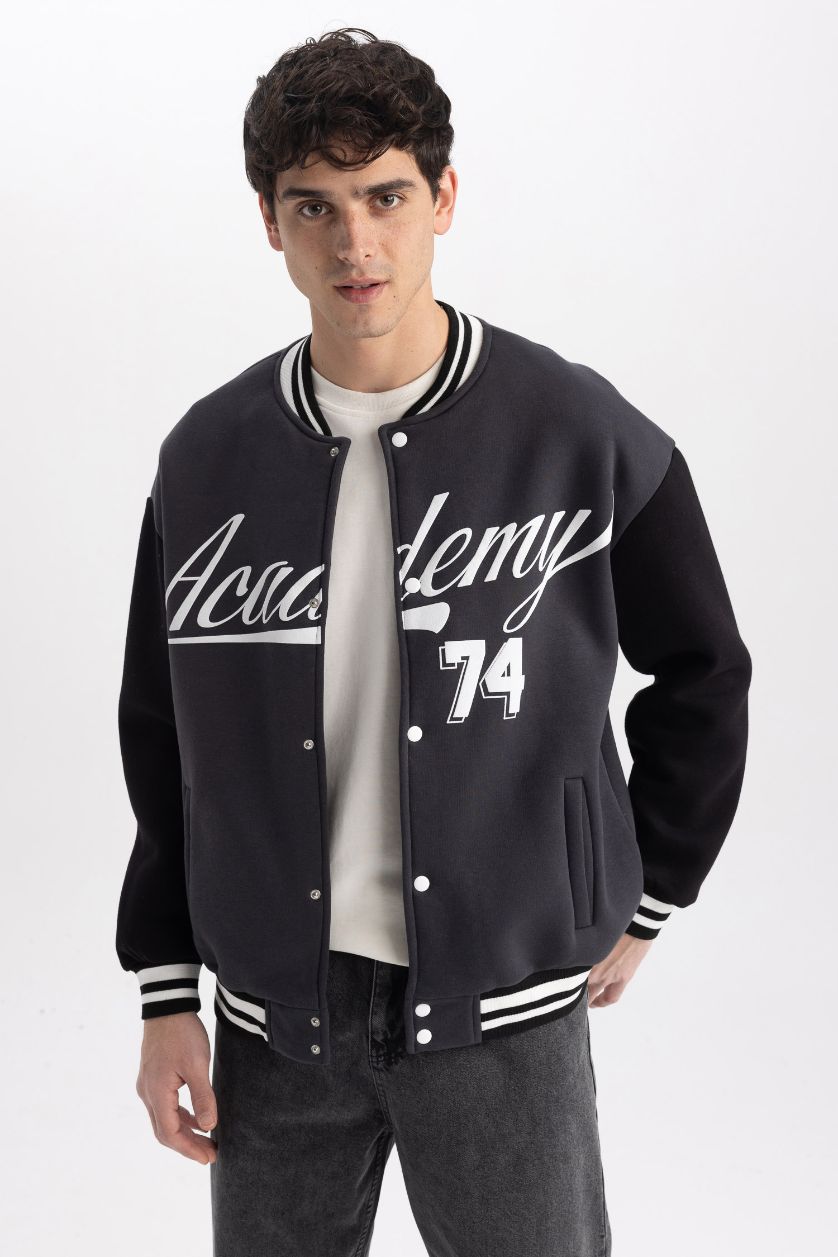 Erkek Antrasit Coool Baskılı Oversize Fit Kolej Yaka Bomber İçi Yumuşak Tüylü Hırka