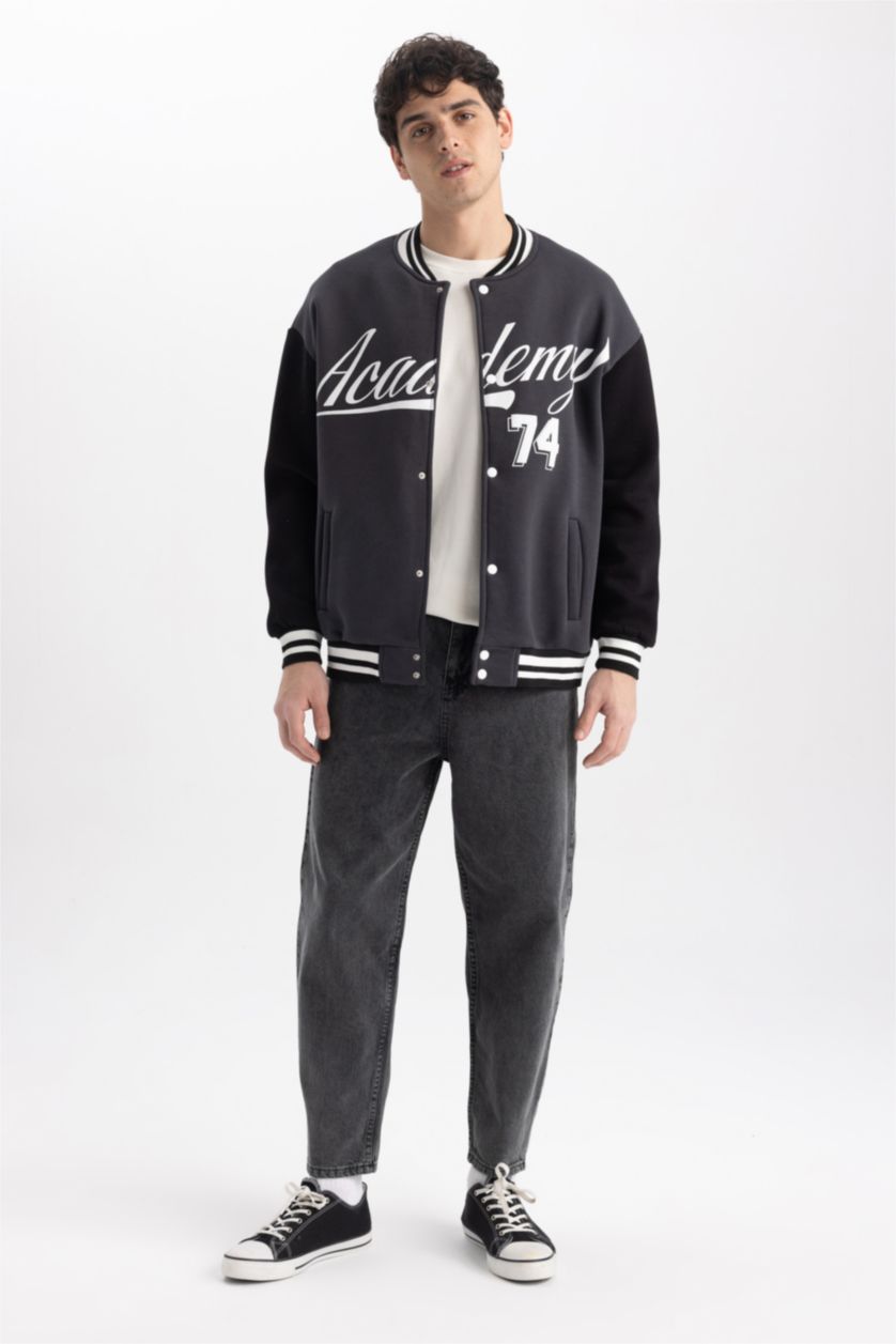 Erkek Antrasit Coool Baskılı Oversize Fit Kolej Yaka Bomber İçi Yumuşak Tüylü Hırka