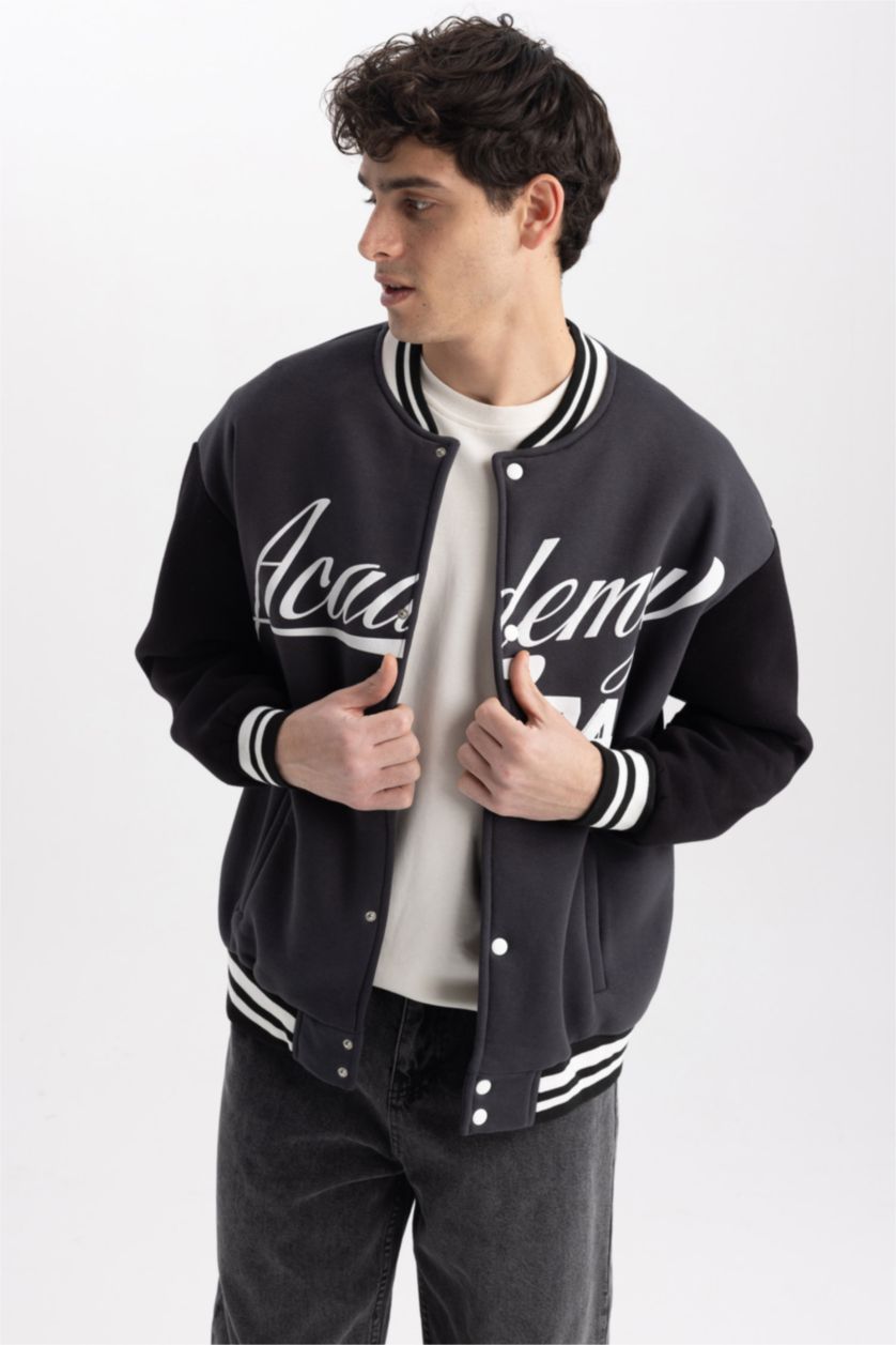 Erkek Antrasit Coool Baskılı Oversize Fit Kolej Yaka Bomber İçi Yumuşak Tüylü Hırka